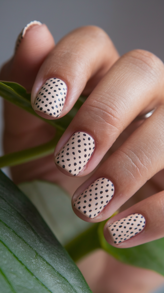 Minimalist nails with small geometric shapes, like triangles and squares, in muted tones