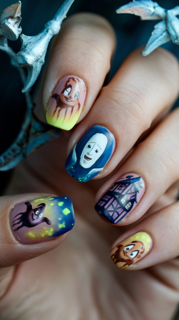 Magical pastel nails featuring No-Face, soot sprites, and bathhouse symbols from Spirited Away