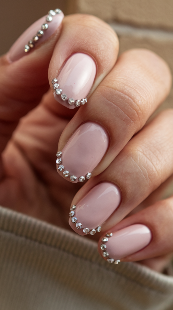 Elegant pink French tip nails with rhinestone accents for an added touch of glamor