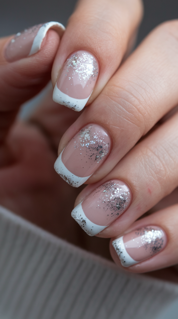 Classic French manicure with white tips and silver glitter accents.