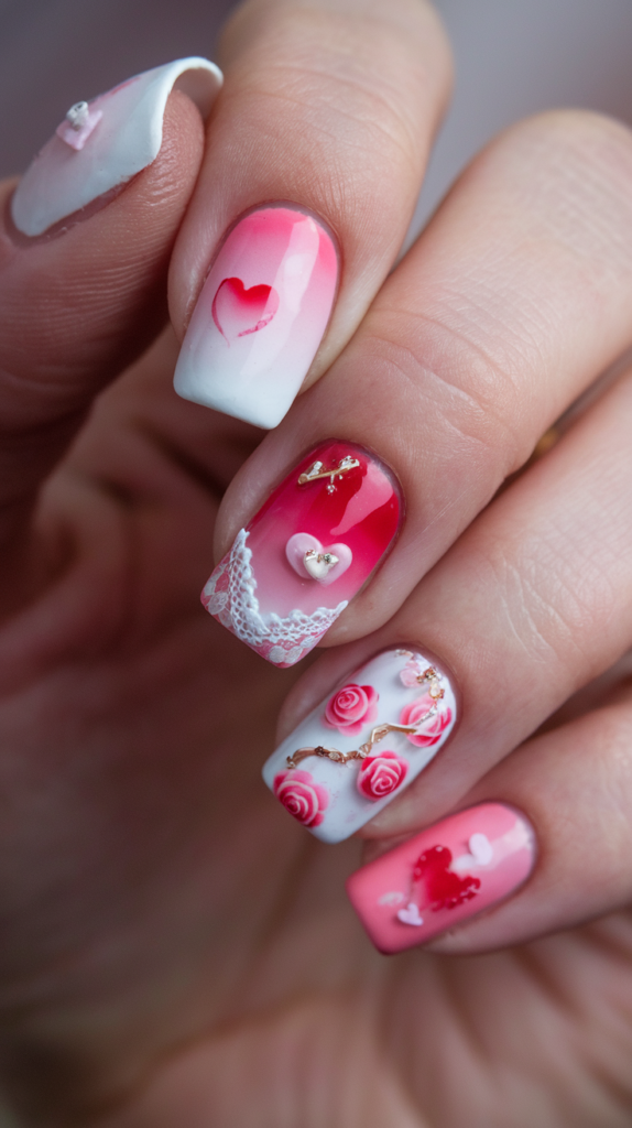 Romantic Valentine’s Day nails with soft pink, red, and white shades adorned with heart designs and subtle glitter accents