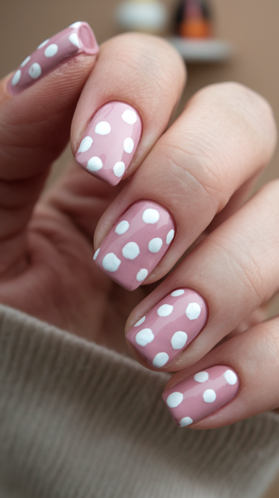 Light pink nails with contrasting white polka dots for a cute, retro-inspired design