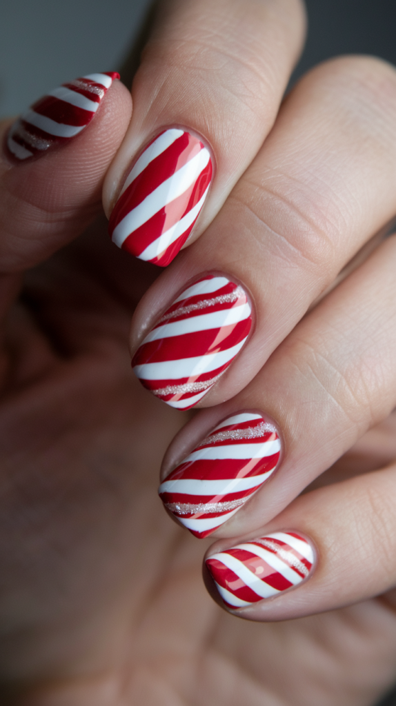 Red and white diagonal stripes on nails, mimicking the look of candy canes, with glitter accents for added sparkle