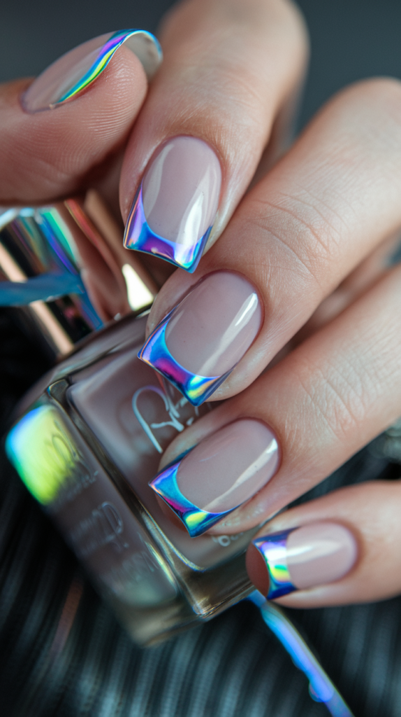 Nails with holographic blue French tips, creating a rainbow-like shimmer that changes depending on the light