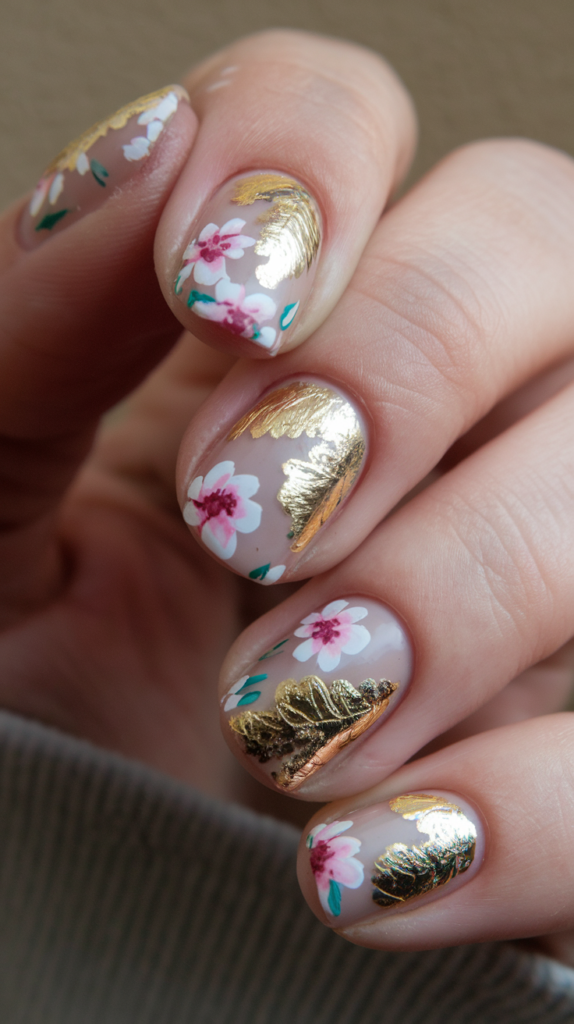 Nails with metallic gold leaf accents paired with floral designs, creating a luxurious, opulent look with delicate floral patterns