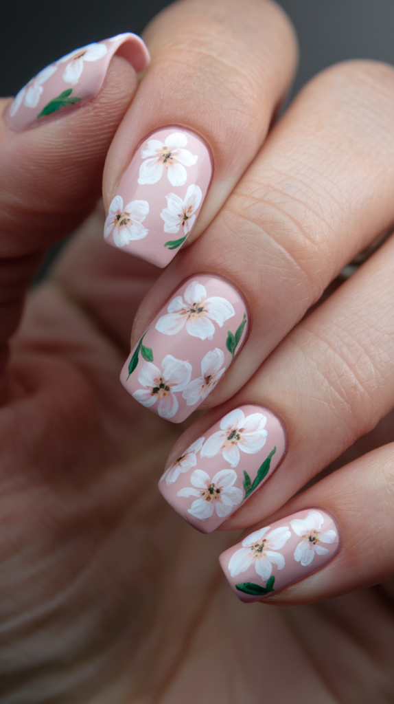 Delicate hand-painted white floral patterns on a soft pink base, creating a feminine and graceful design