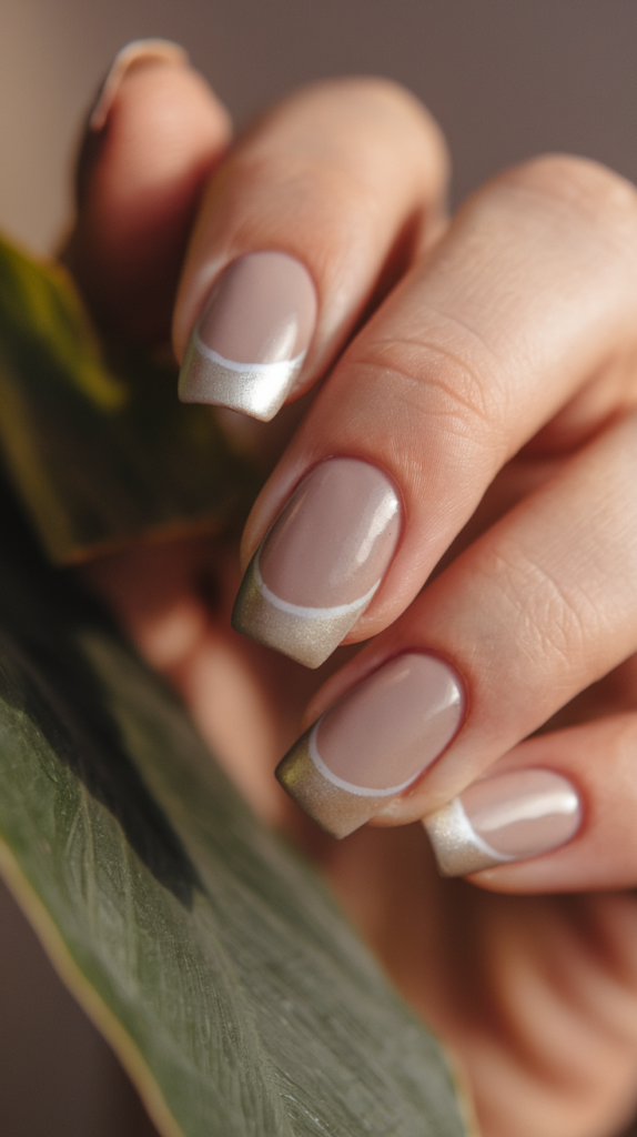 Minimalist nails with small geometric shapes, like triangles and squares, in muted tones