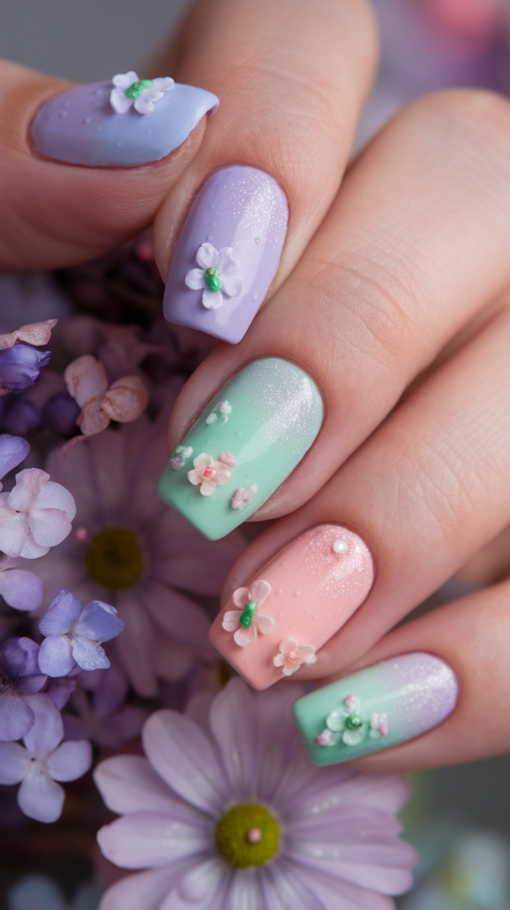 Pastel-themed spring nails in shades of lavender, mint, and peach with intricate hand-painted floral patterns and glossy finish