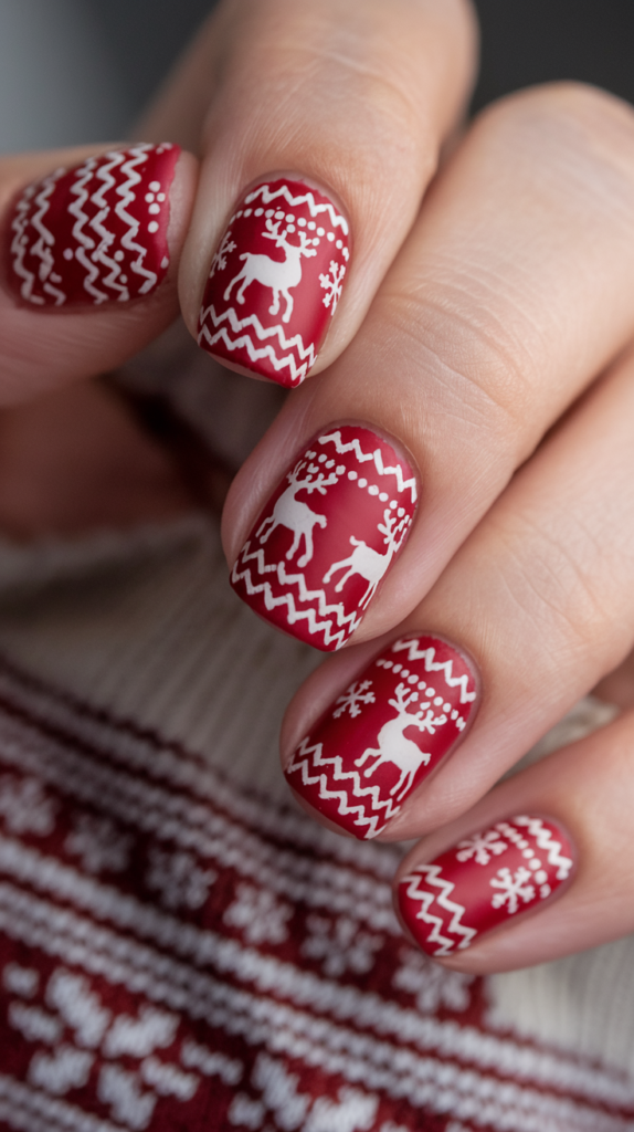 Nails with intricate sweater patterns including reindeer, snowflakes, and zigzag designs, inspired by Christmas sweaters