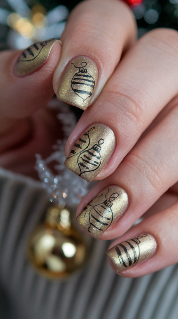 Metallic gold nails featuring detailed ornament designs with glitter and rhinestone embellishments for a festive 3D effect