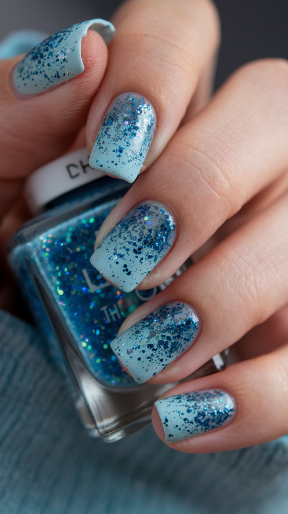 Nails featuring a smooth gradient from light to dark blue with glitter accents, creating a shimmering ombre effect