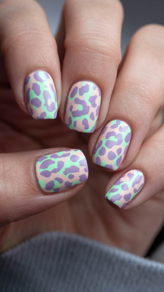 Nails featuring a pastel leopard print design with irregular spots in lavender and mint green, outlined with a darker pastel shade for a bold yet soft look.