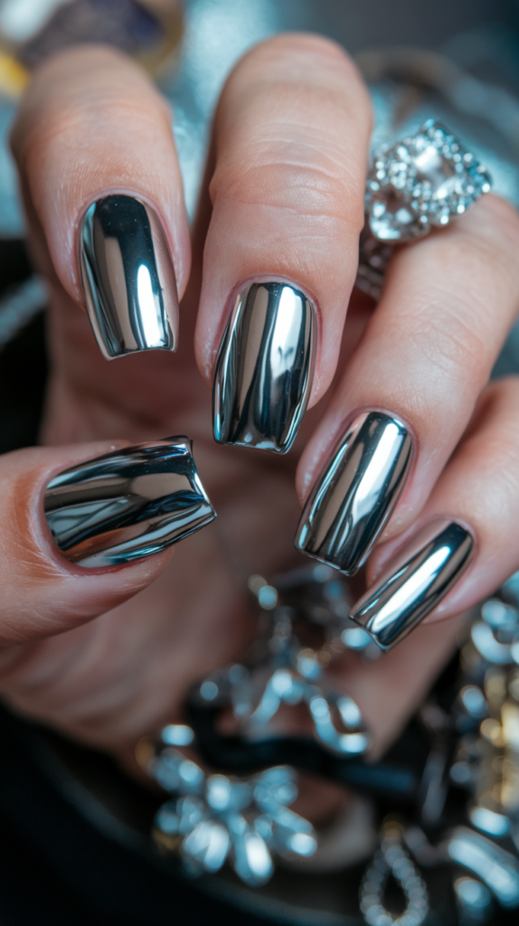 Chrome metallic nails with a mirror-like finish in a sleek silver hue, reflecting light to create a futuristic and bold appearance.

