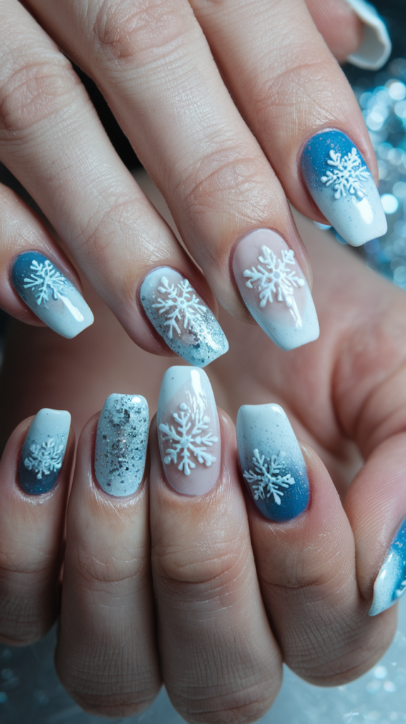 Close-up of nails with icy blue and silver gradient design featuring delicate snowflake patterns and frosty glitter accents