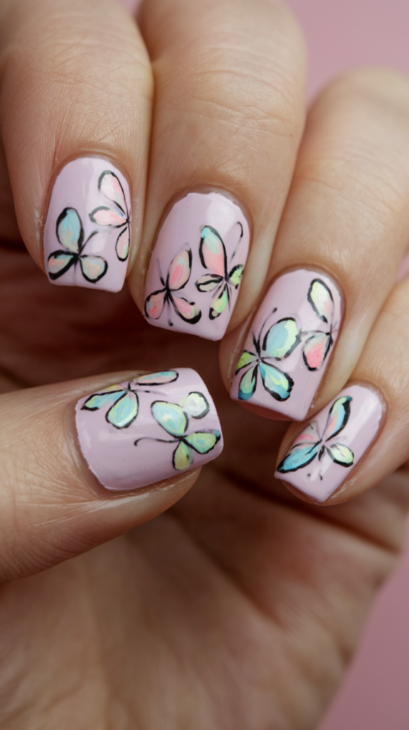 Nails with tiny, hand-painted butterflies in pastel colors like baby blue and soft pink, fluttering against a light pastel background.