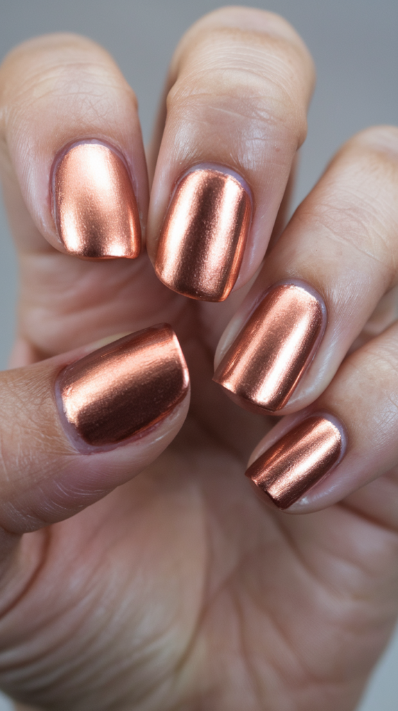 Warm metallic nails blending from copper to rose gold, providing a classy and luxurious finish.