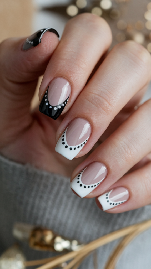 Minimalist nails with tiny black dots placed at the base, creating a symmetrical and chic look