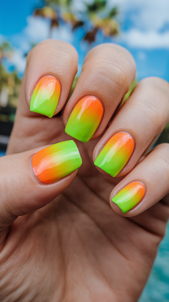 Bright neon nails transitioning from lime green at the base to sunshine yellow at the tips, creating a bold and vibrant summer look.