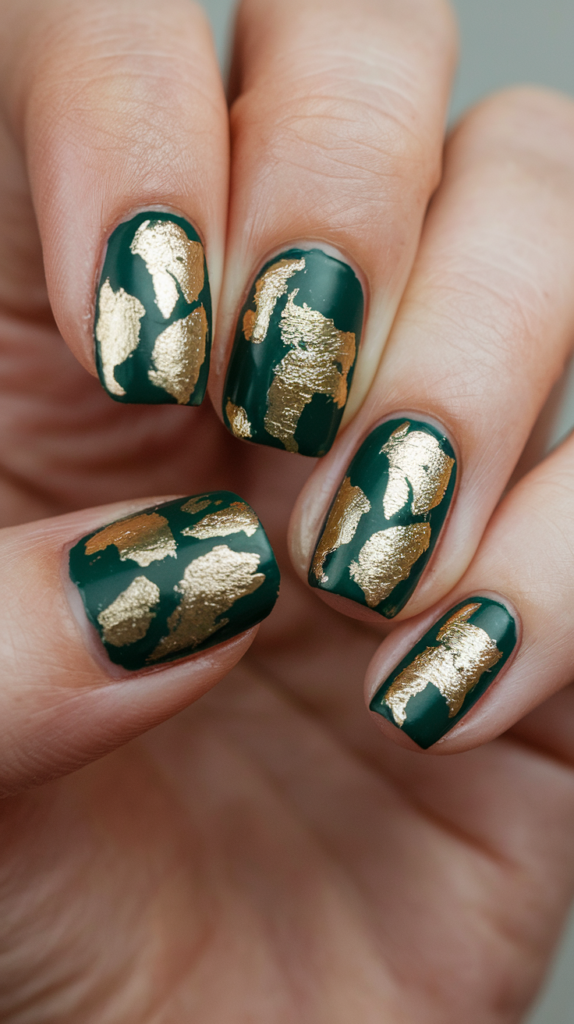 Nails with a small sprig of mistletoe, complete with green leaves and white berries, adding a romantic holiday accent