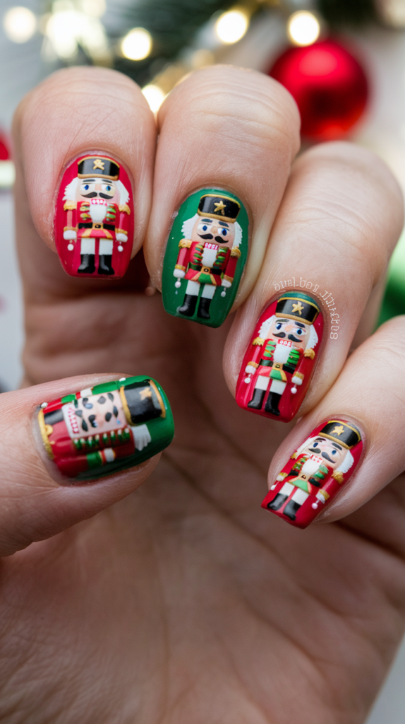 Nails adorned with tiny red and white Christmas stockings hanging from the top, complete with fluffy trim and festive patterns