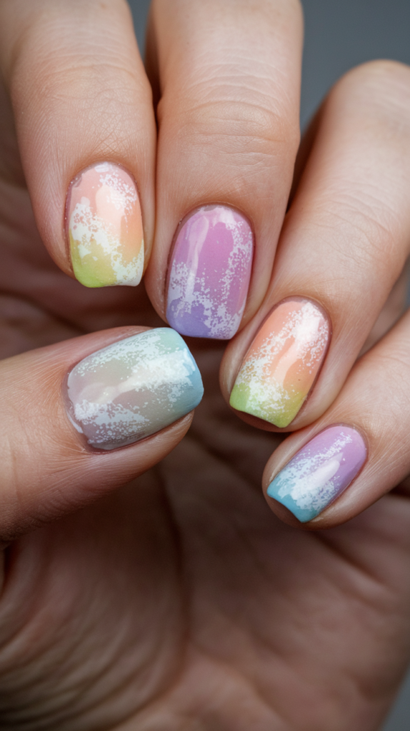 Nails with a soft, watercolor effect in pastel shades of lavender, baby pink, and mint green, blending seamlessly for an artistic, painted look.