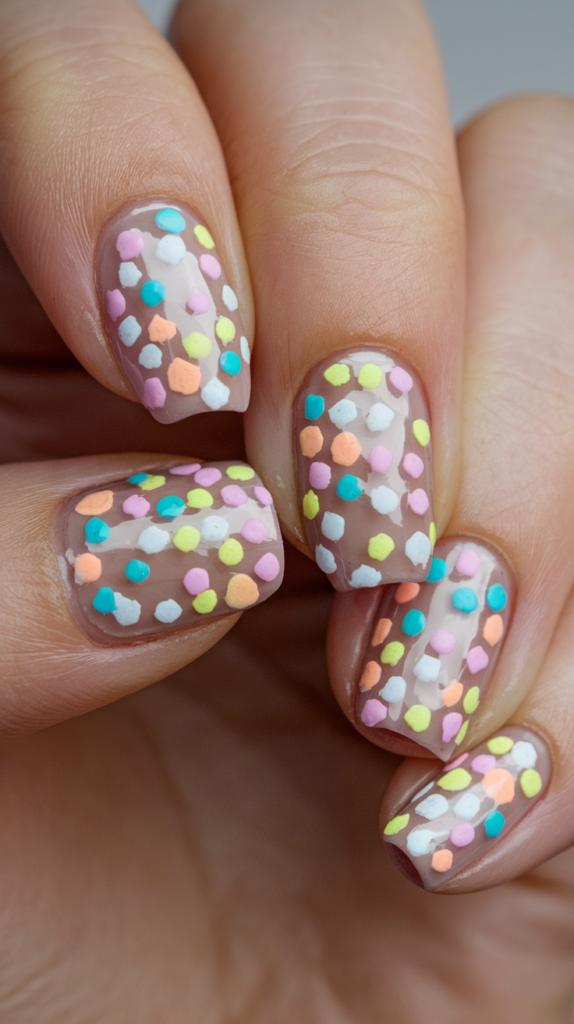 Nails with a clear or nude base, scattered with pastel dots in varying sizes and colors, including lavender, mint green, and pale pink, mimicking confetti.