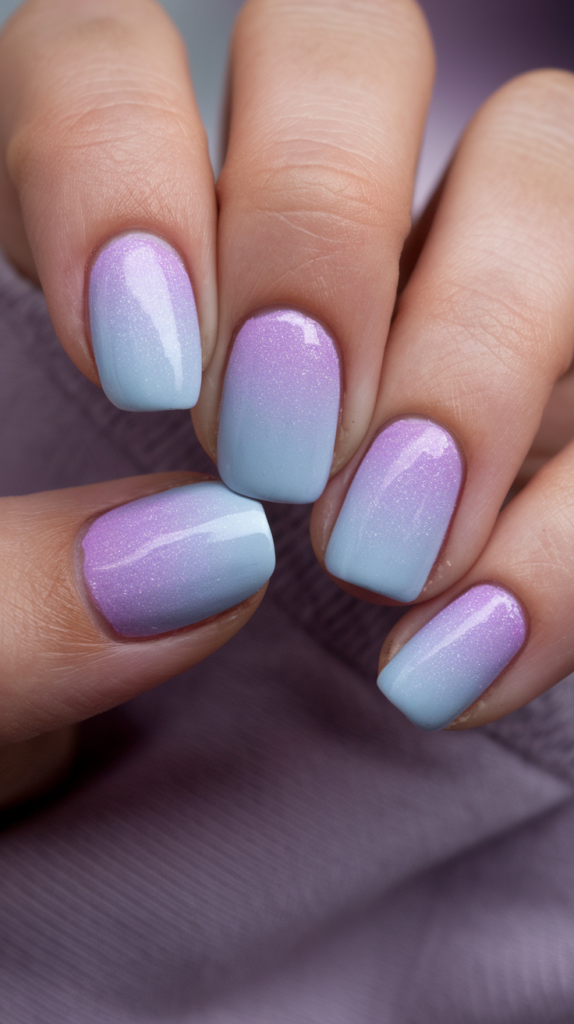 Image of nails with a soft, pastel ombre gradient blending baby pink and lavender, creating a smooth transition between the colors.