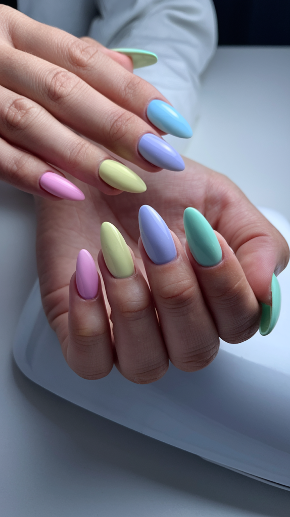 Playful pastel rainbow nails where each nail is painted a different pastel shade, including baby pink, soft yellow, pale blue, and lavender.