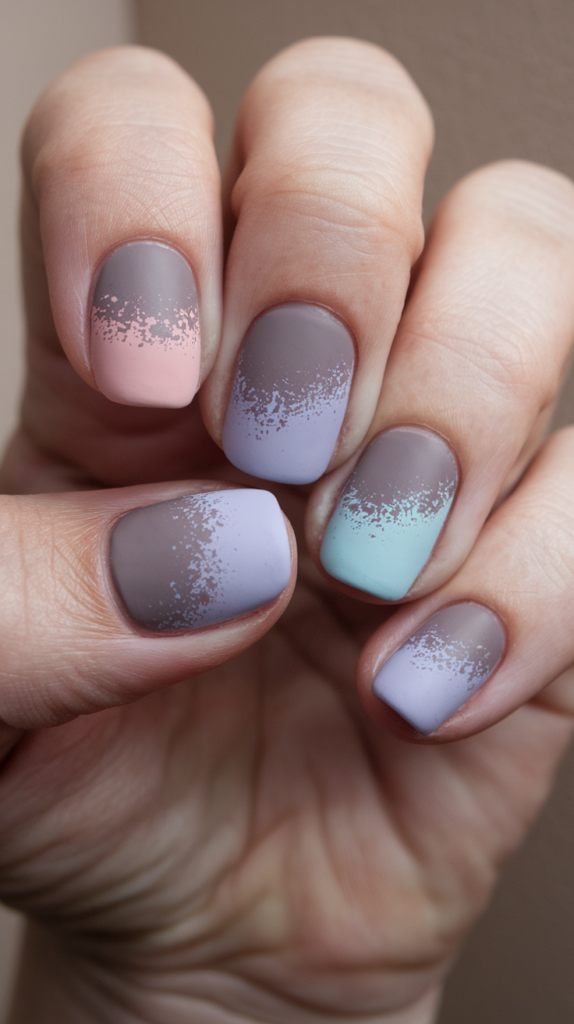 Matte pastel nails with a velvety finish, showcasing a combination of soft lavender, baby blue, and peach, creating a smooth, non-glossy look.