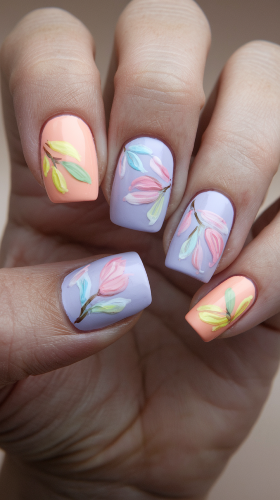 Nails with a pastel blush pink base, featuring delicate floral patterns in complementary pastel shades like lavender and soft peach.

