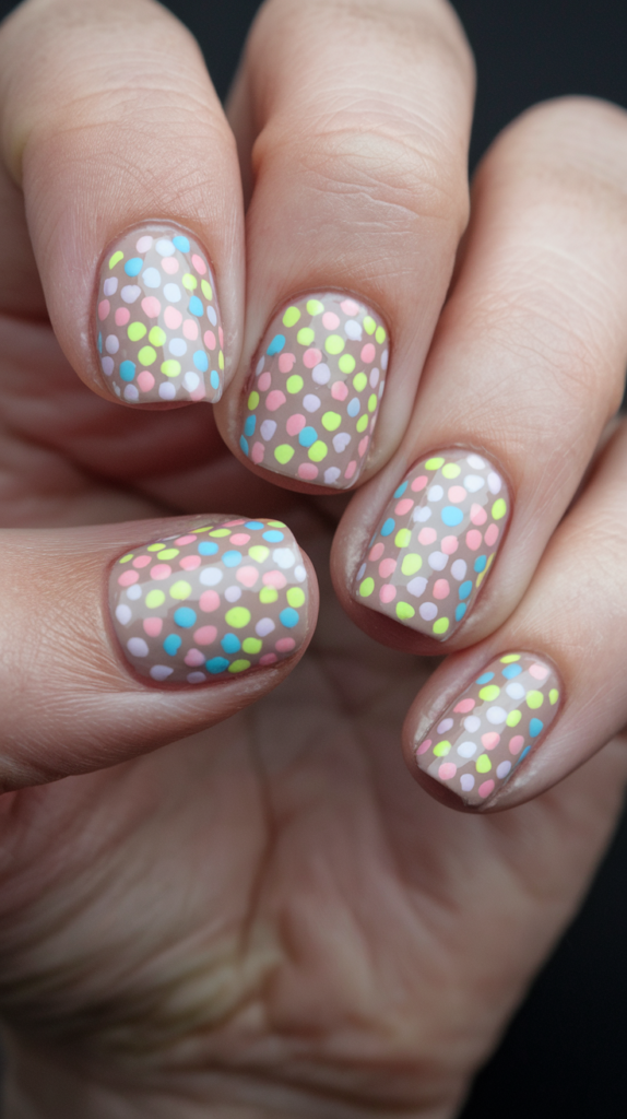 Nails with a neutral base and tiny pastel polka dots in shades of mint green, light pink, and soft yellow, evenly spaced for a retro yet modern feel.

