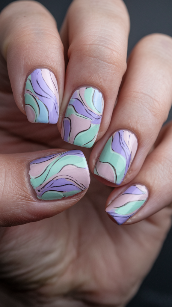 Nails featuring abstract swirls in pastel shades of pink, lavender, and baby blue, with the colors blending and swirling together seamlessly.

