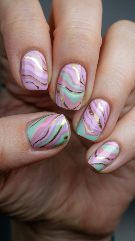 Elegant pastel marble nails featuring swirling patterns of soft pink, white, and lavender, resembling the natural texture of marble stone.

