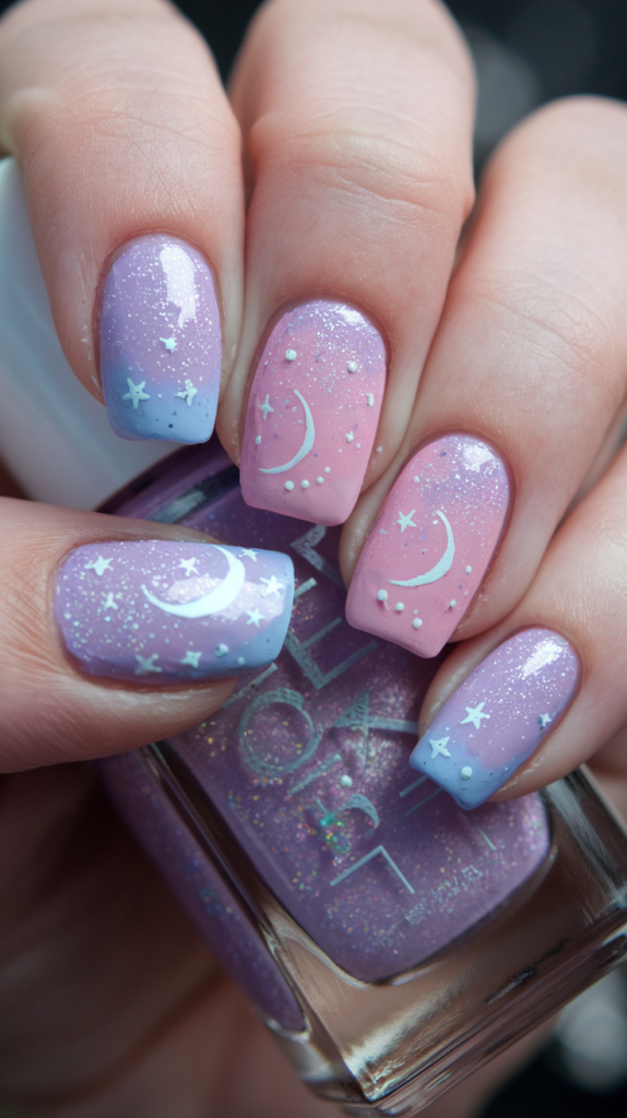 Nails featuring a cosmic-inspired design with soft pastel hues blending together, accented with tiny star and moon decals for a mystical galaxy effect.