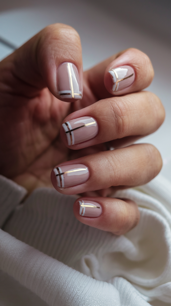 Minimalist nails with small geometric shapes, like triangles and squares, in muted tones