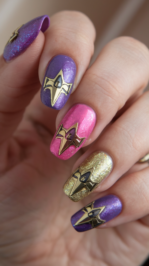 Glitter-filled nails with Stand emblems and dramatic patterns, inspired by the flamboyant fashion of JoJo characters