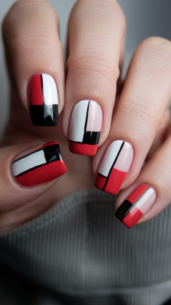 Abstract color block nails featuring bold, vibrant colors such as red, yellow, and blue arranged in geometric shapes for an artistic and modern design.

