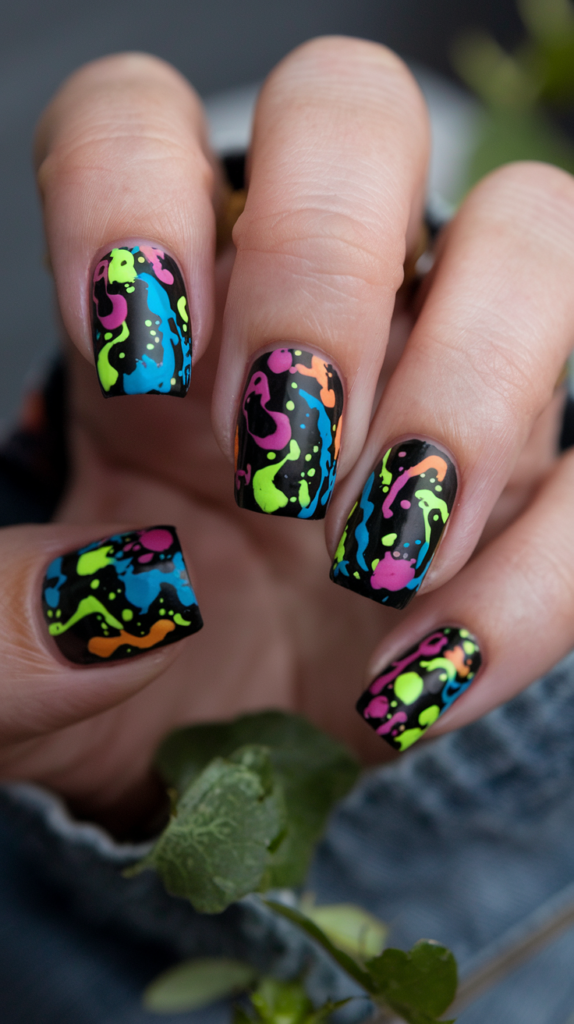 Vibrant neon colors splashed artistically over a black base, creating a bold and eye-catching manicure