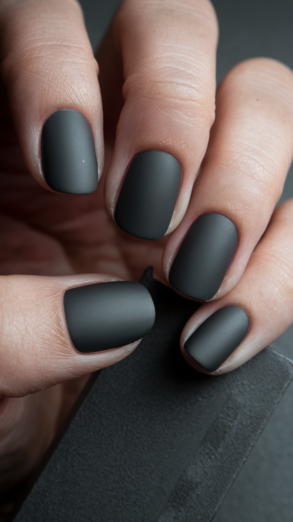 Image of hands with sleek matte black nail polish, showcasing a sophisticated and modern finish