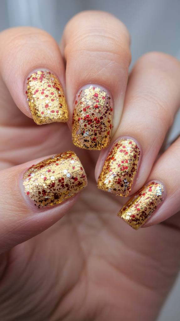 Nails covered entirely in festive glitter, creating a dazzling and bold look perfect for the holiday season