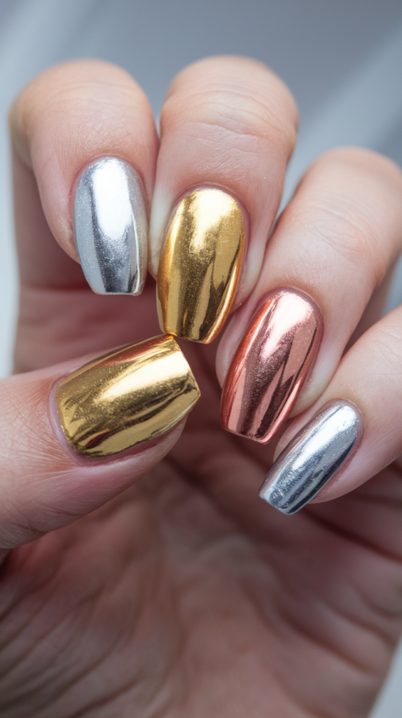 Luxurious metallic gradient nails transitioning from silver to gold to rose gold, featuring a shiny, reflective finish.