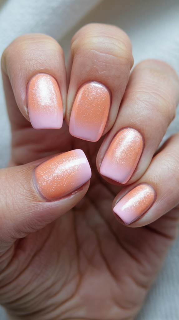 Soft and feminine nails featuring a delicate ombre from peach to pink, perfect for a subtle, romantic look.