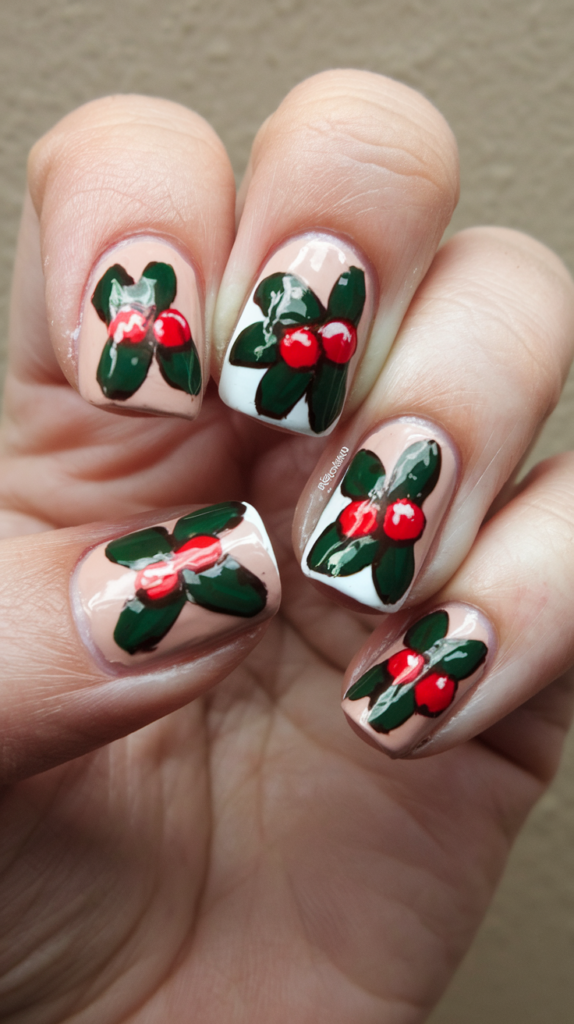 Nails with a small sprig of mistletoe, complete with green leaves and white berries, adding a romantic holiday accent