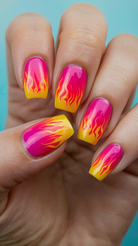 Nails featuring a vibrant blend of pink, orange, and yellow, capturing the colors of a tropical sunset.