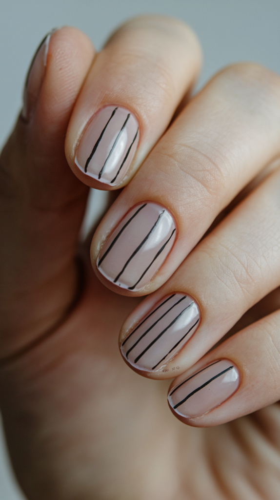 Minimalist nails with small geometric shapes, like triangles and squares, in muted tones