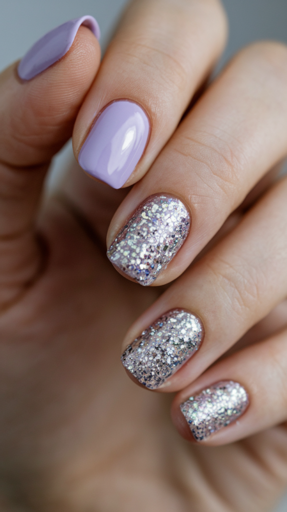 Alternating lilac and silver glitter nails for a combination of soft and bold textures.
