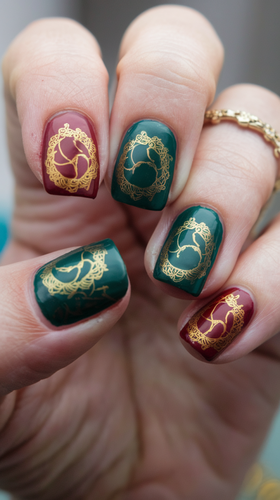 Nails with tiny, intricate Christmas ornaments hanging from the edges, decorated with metallic polish for a festive appearance