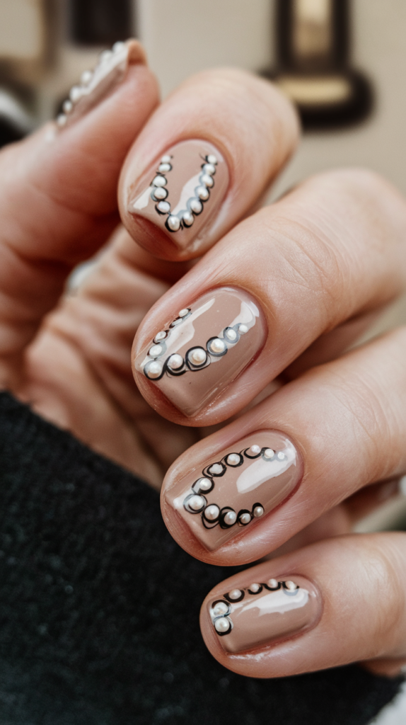 Elegant nails with tiny pearls embedded into a glossy, clear base, creating a sophisticated texture