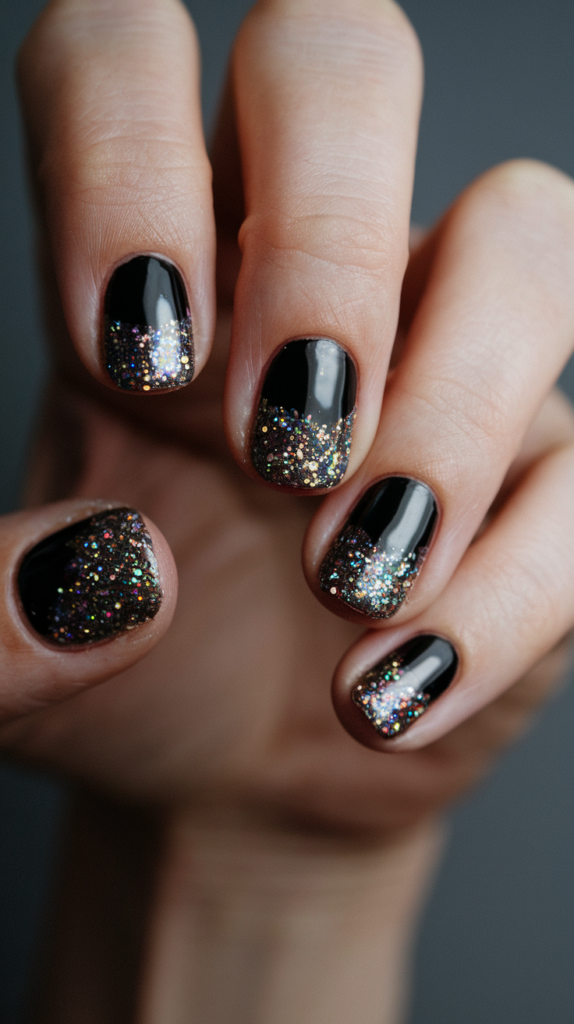 Sparkling nails with a black base topped with a heavy layer of glitter, creating a dazzling and eye-catching look