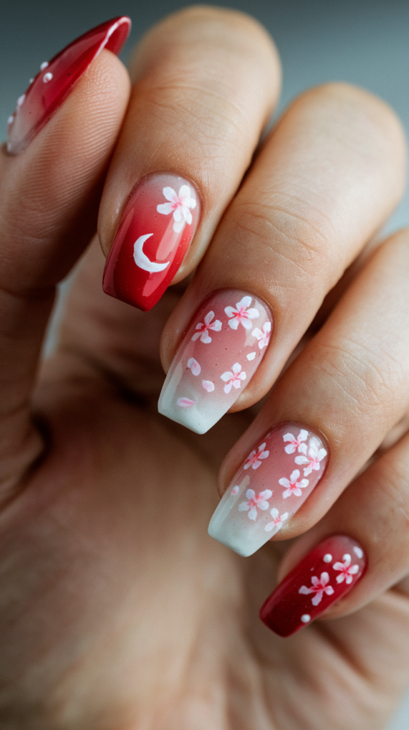 Soft red and white nails with Inuyasha’s sword, sakura petals, and Sesshomaru’s crescent moon marking